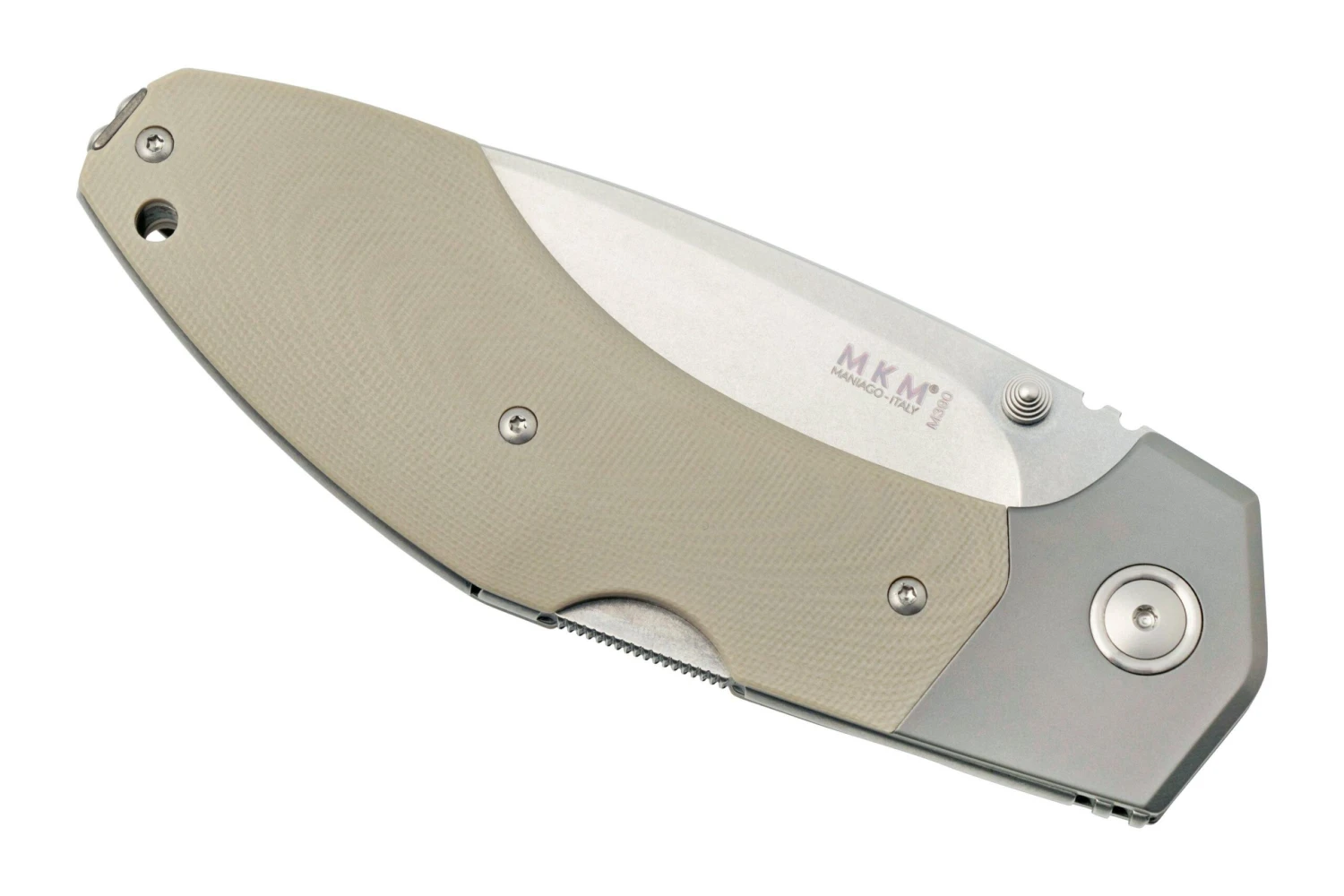 MKM Hero Stonewashed, Tan G10, Titanium Bolsters, Couteau De Poche 6 MKM Hero Stonewashed, Tan G10, Titanium Bolsters, Couteau De Poche – Image 6