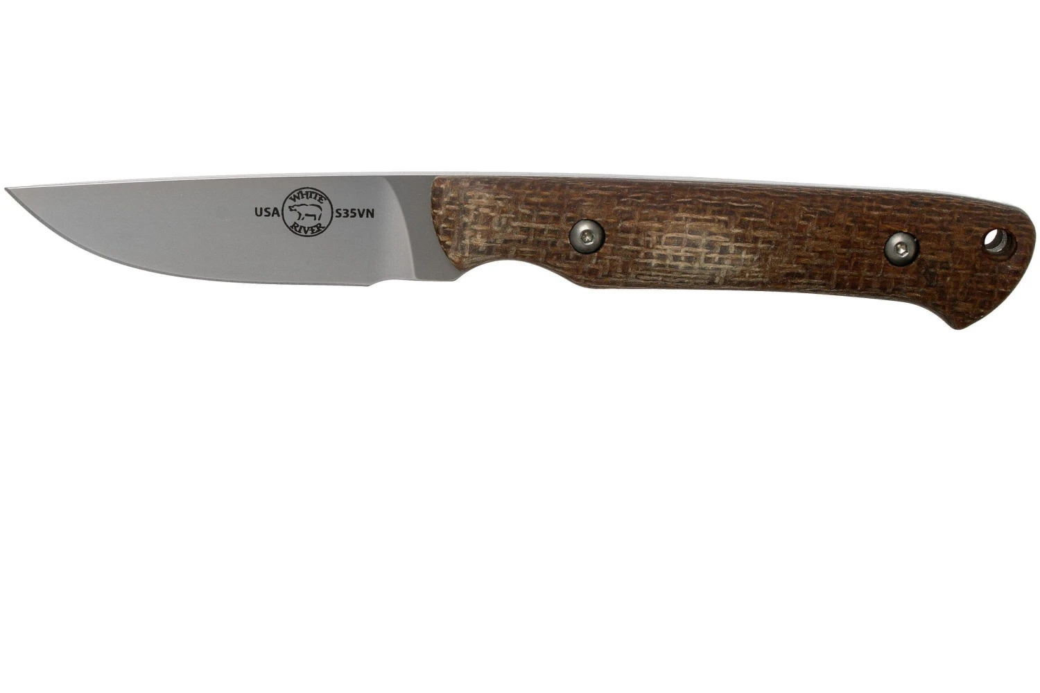 White River Knives Small Game Knife Natural Burlap Micarta Couteau De Chasse, Owen Baker Jr. Design 1 White River Knives Small Game Knife Natural Burlap Micarta Couteau De Chasse, Owen Baker Jr. Design
